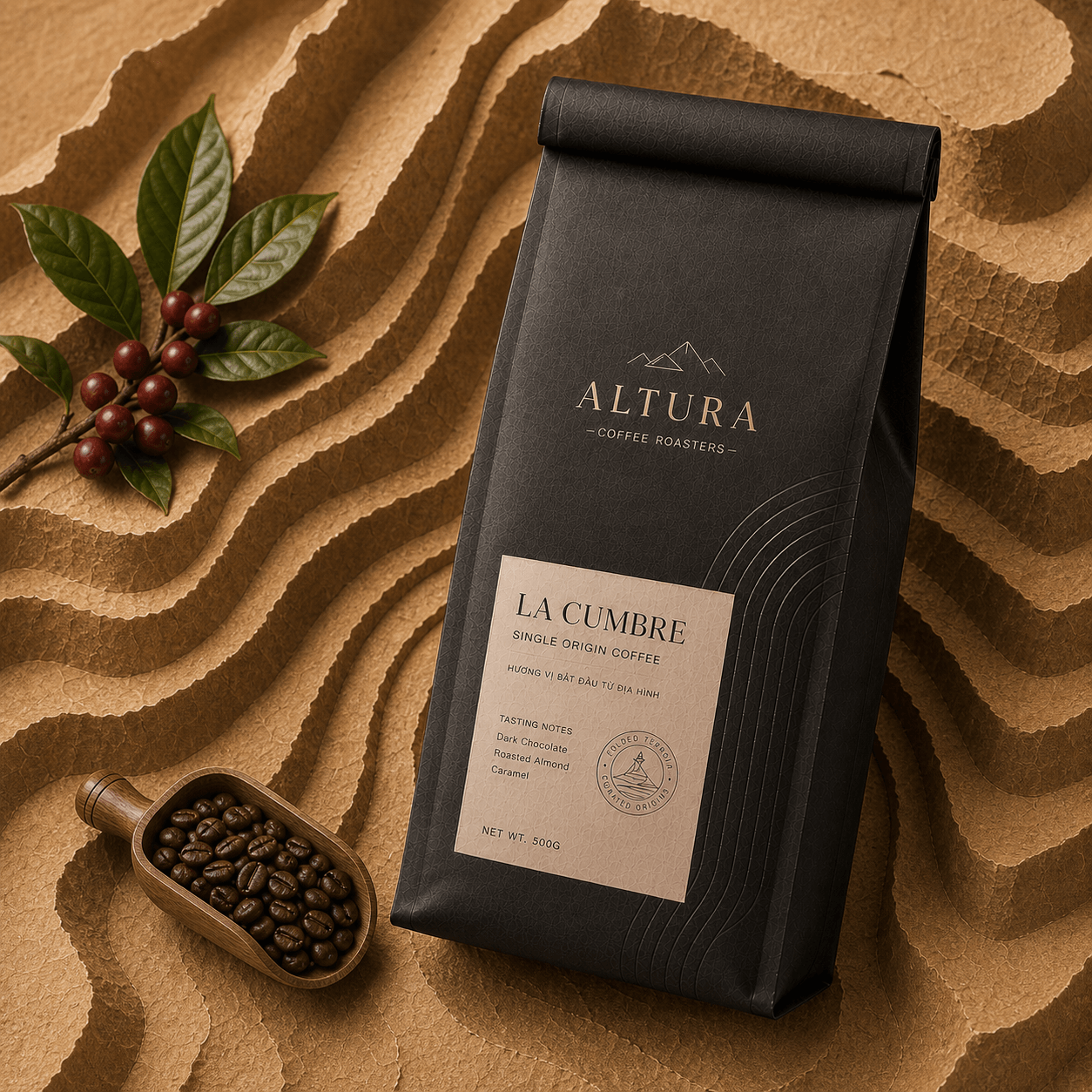 ALTURA coffee in a layered folded-paper terrain