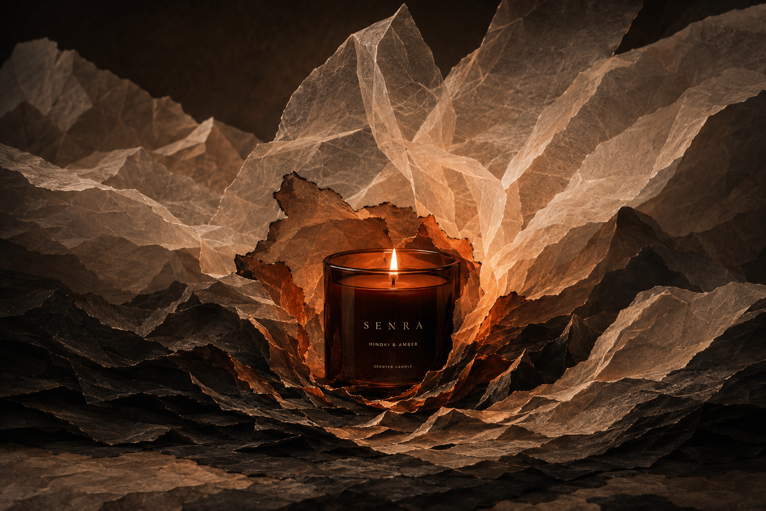 SENRA Hinoki & Amber Candle — macro ember core paper detail