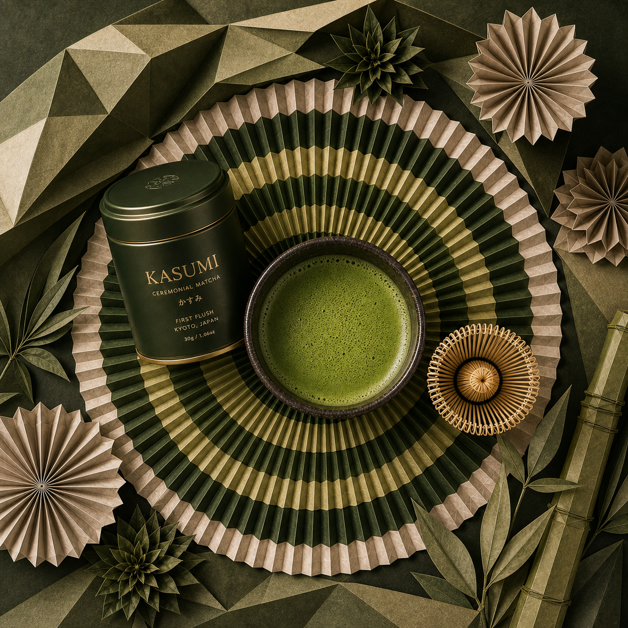 KASUMI Ceremonial Matcha inside a square folded paper ritual world