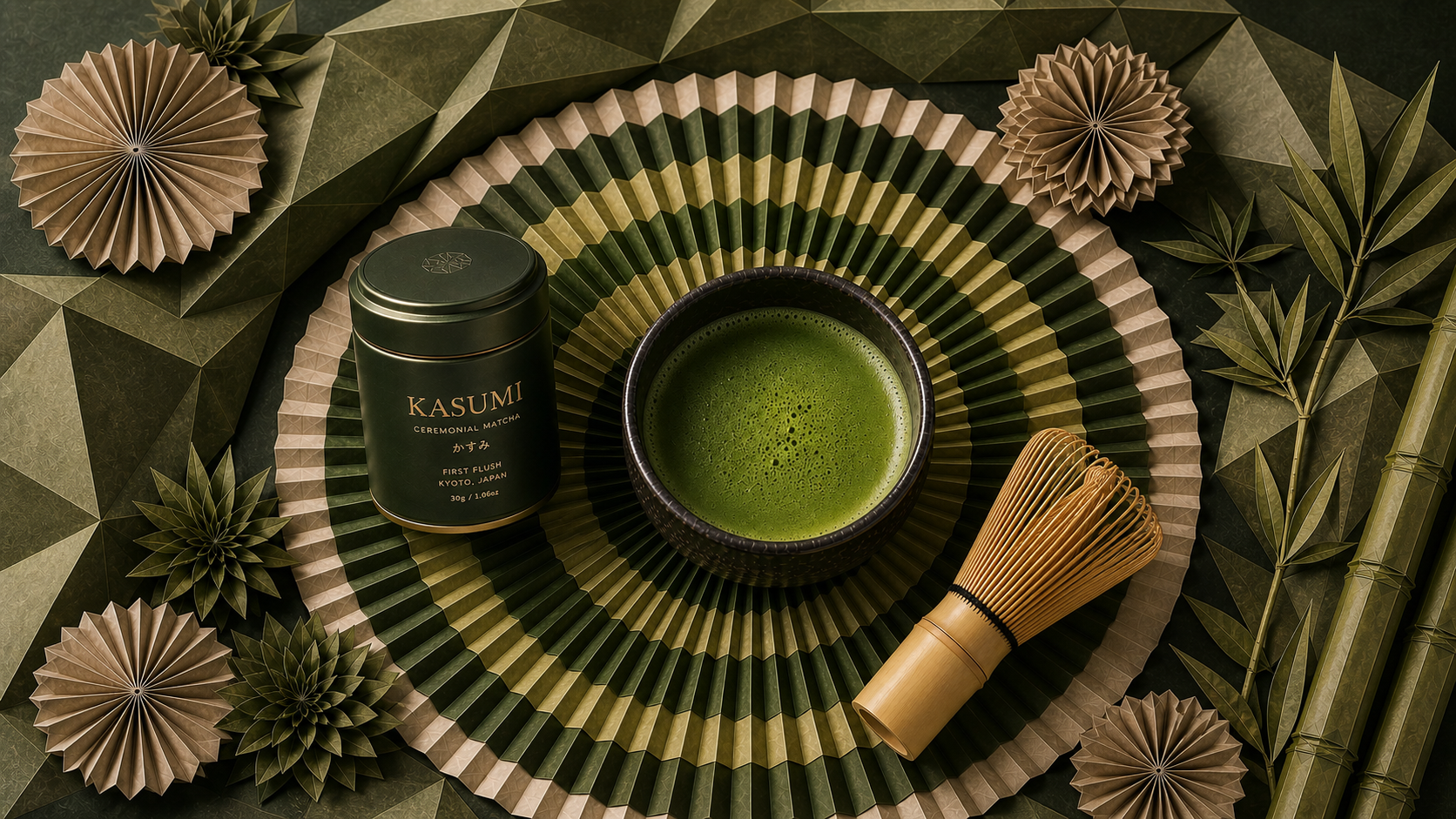 KASUMI Ceremonial Matcha inside a wide Folded Real paper ritual world