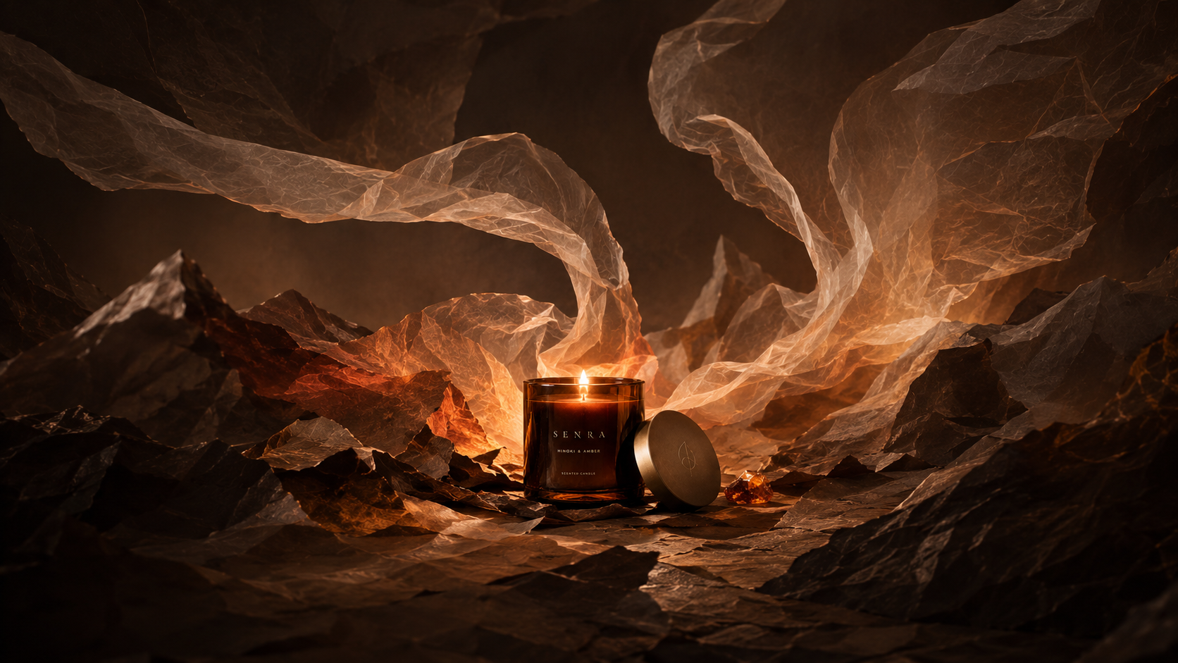 SENRA Hinoki & Amber Candle inside an Ember Veil paper atmosphere